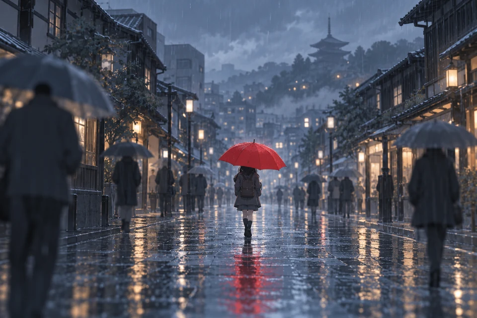 整条街是灰蓝，只有伞是红的