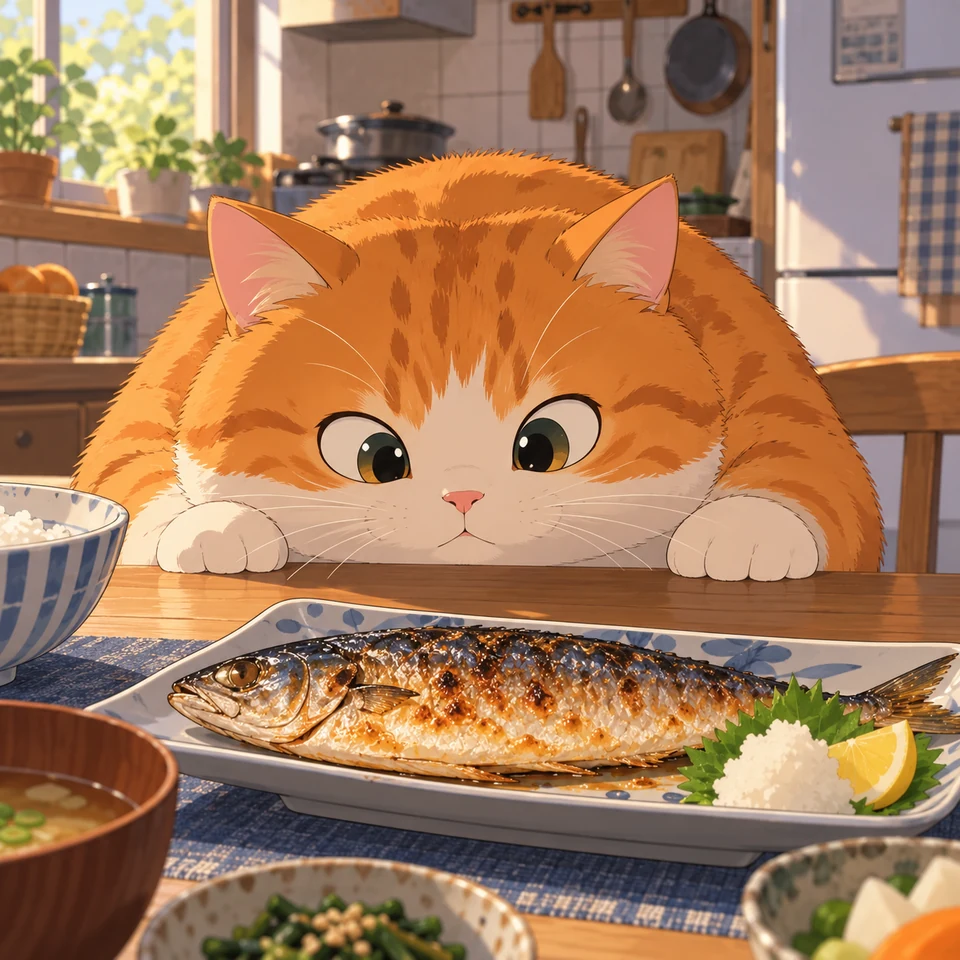 一张图：一只想吃鱼的猫