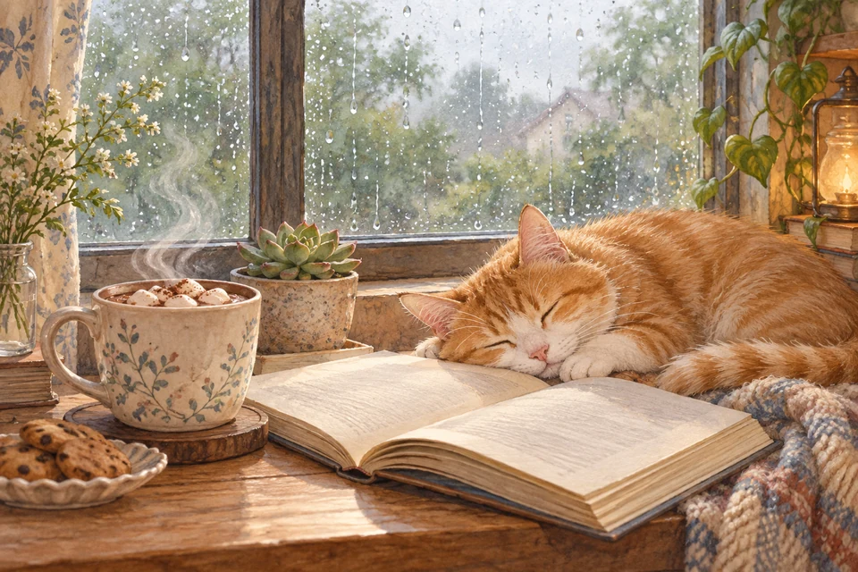 下雨天的书桌一角