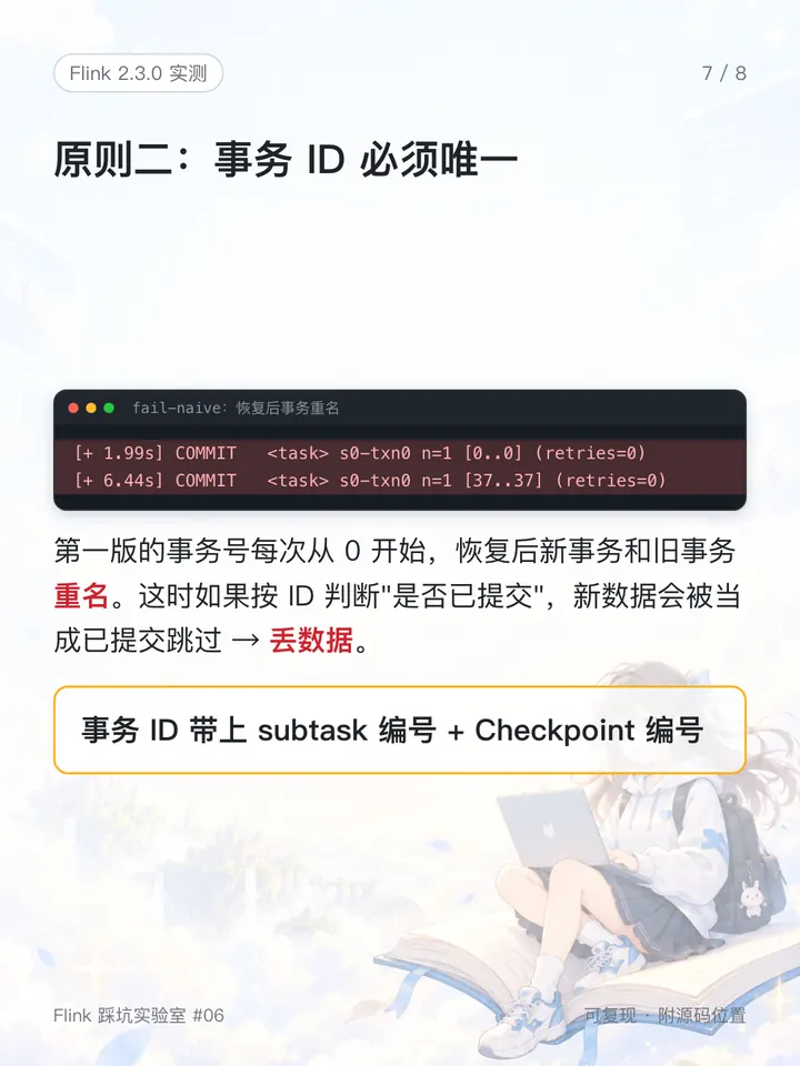 事务号每次从 0 开始，恢复后新旧事务重名，按 ID 判断会丢数据