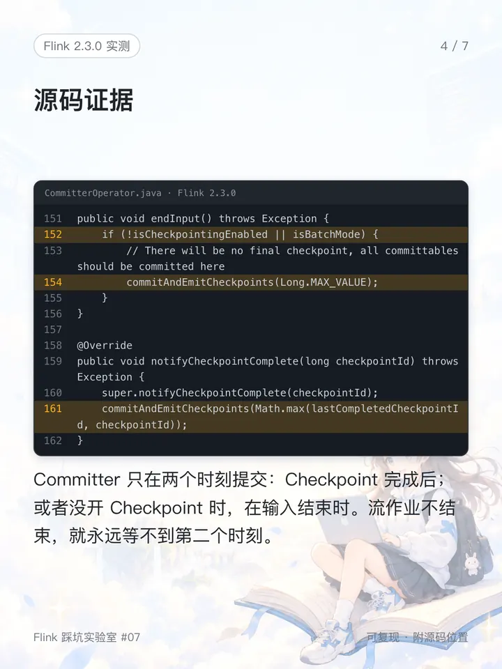 CommitterOperator 只在两个时刻提交：Checkpoint 完成后，或没开 Checkpoint 时的输入结束