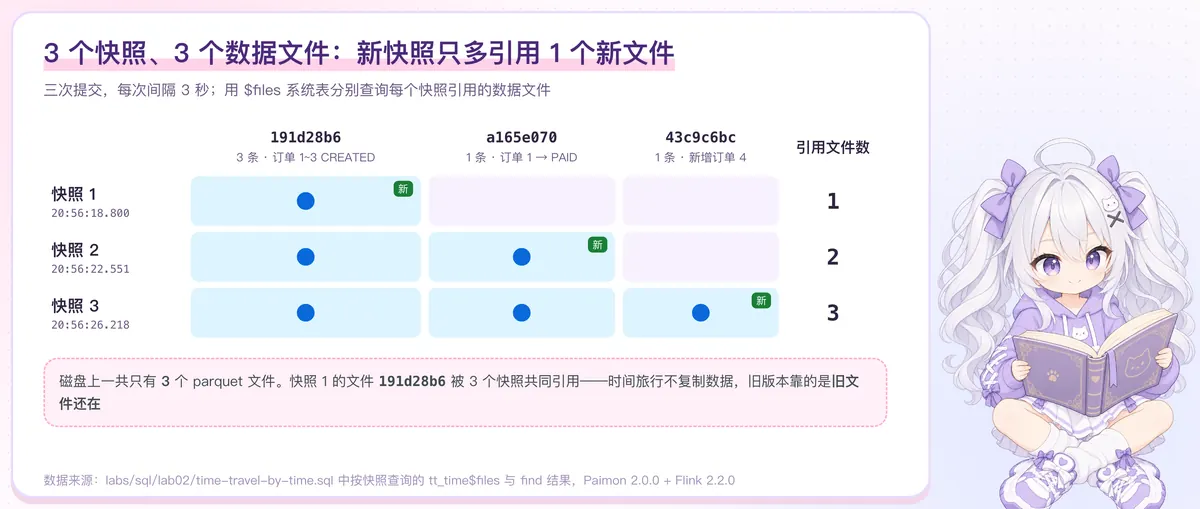 3 个快照、3 个数据文件
