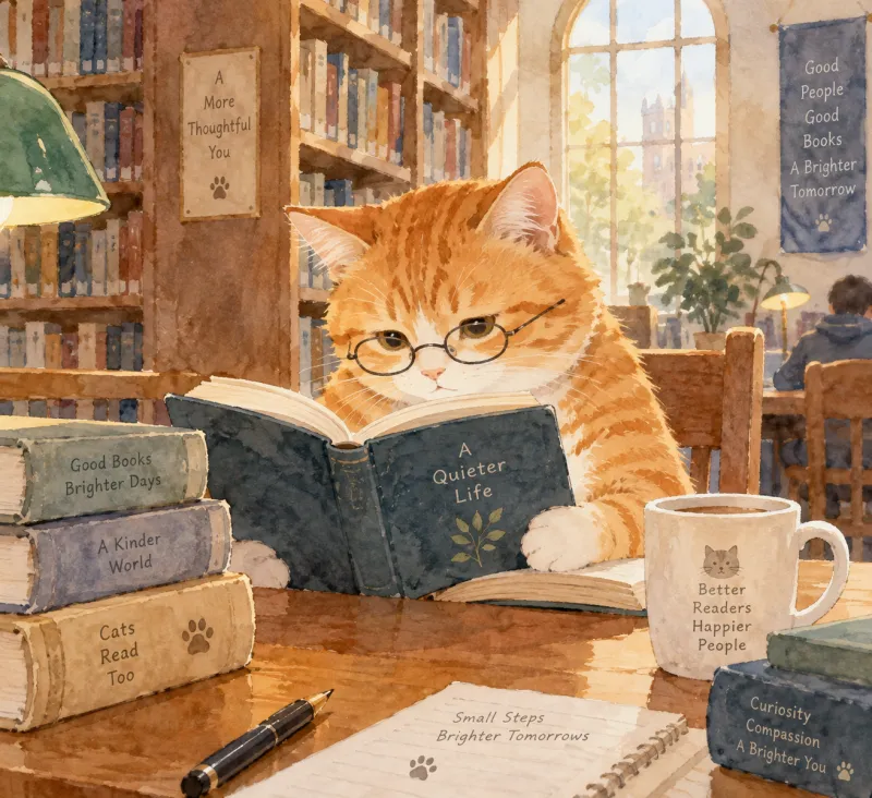 AI 生成：一只在图书馆看书的橘猫，水彩风格