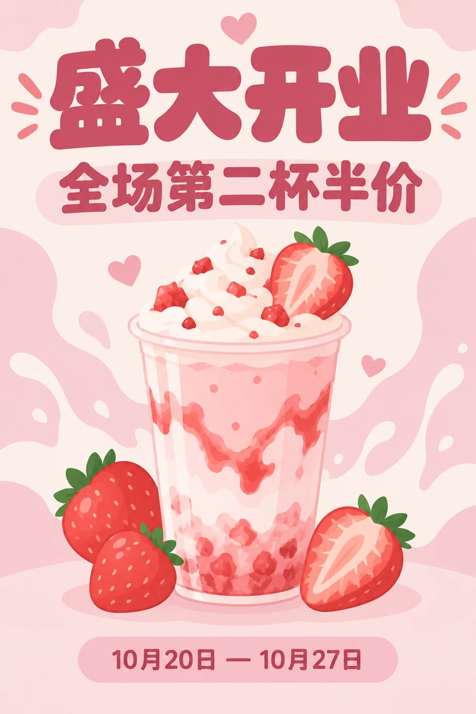 奶茶店开业海报示例,三行中文全部正确